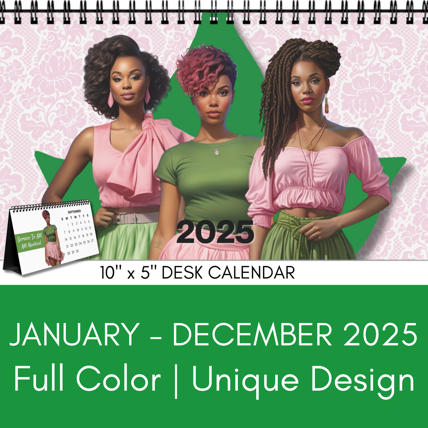 2025 Alpha Kappa Alpha Sorority 10 x 5 Desk Calendar | AKA Soror Sisterhood Gift | AKA Founders' Day Office Gift | Big Little Gift