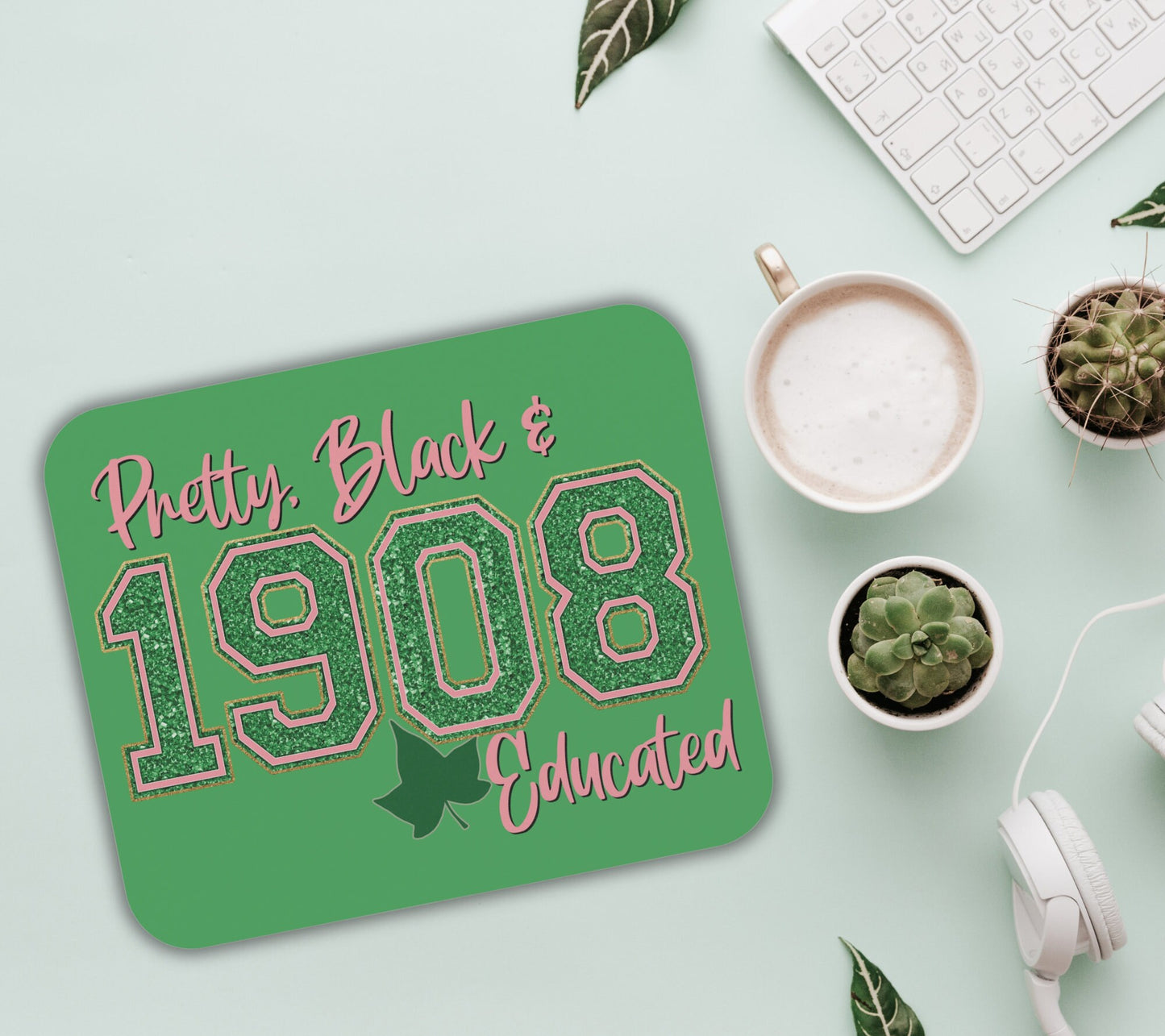 Alpha Kappa Alpha Sorority Mouse Pad | AKA Pretty Black and Educated 1908 Pink & Green Ivy | Sorority Sister Gift | Founders' Day
