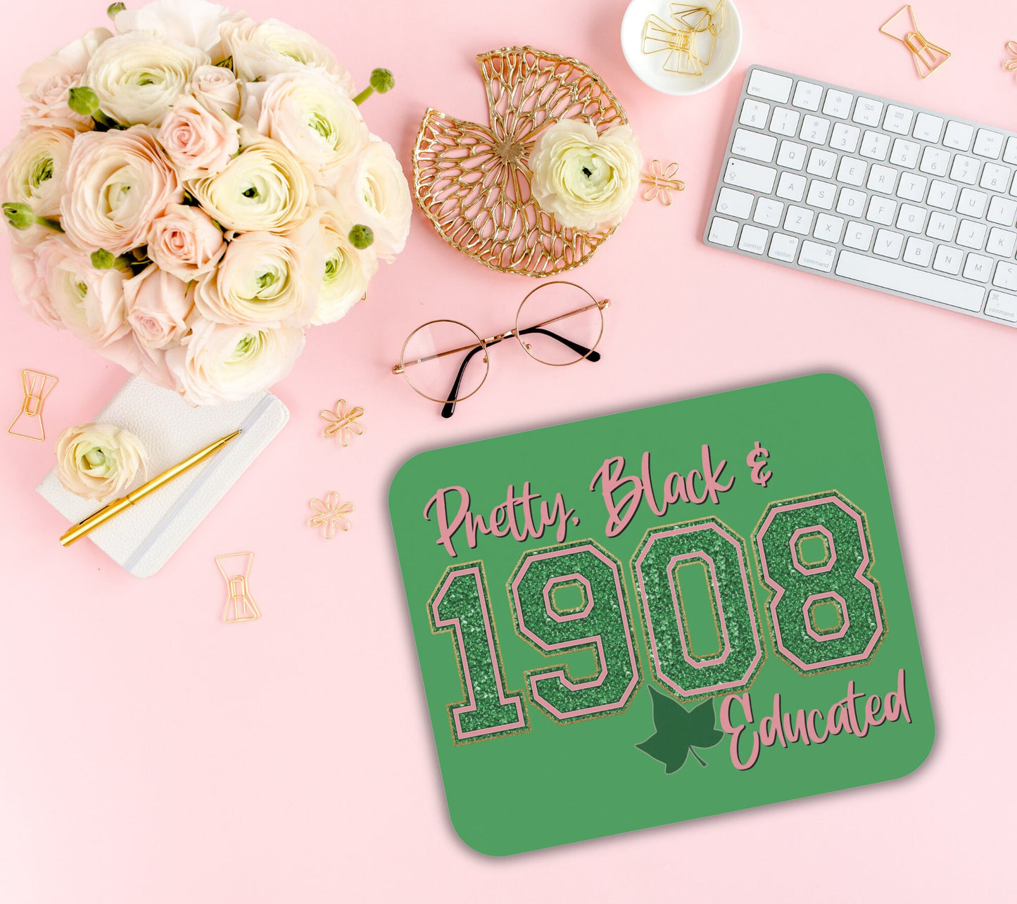 Alpha Kappa Alpha Sorority Mouse Pad | AKA Pretty Black and Educated 1908 Pink & Green Ivy | Sorority Sister Gift | Founders' Day