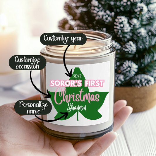 AKA "Soror's First" Scented Soy Candle PERSONALIZED - 9oz glass jar | Alpha Kappa Alpha Milestone Sisterhood Gift Idea | Custom AKAversary