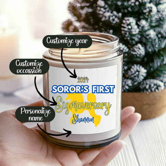 Sigma Gamma Rho "Soror's First" Scented Soy Candle PERSONALIZED - 9oz glass jar | Sgrho Milestone Sisterhood Gift Idea | Custom Sigmaversary