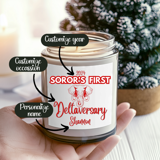 Delta Sigma Theta "Soror's First" Scented Soy Candle PERSONALIZED - 9oz glass jar | DST Milestone Sisterhood Gift | Custom Deltaversary