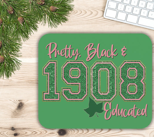 Alpha Kappa Alpha Sorority Mouse Pad | AKA Pretty Black and Educated 1908 Pink & Green Ivy | Sorority Sister Gift | Founders' Day